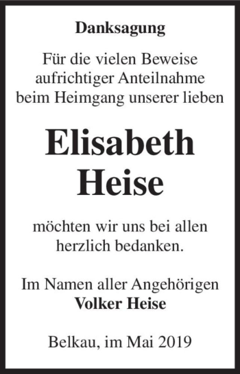 Traueranzeige von Elisabeth Heise  von Magdeburger Volksstimme