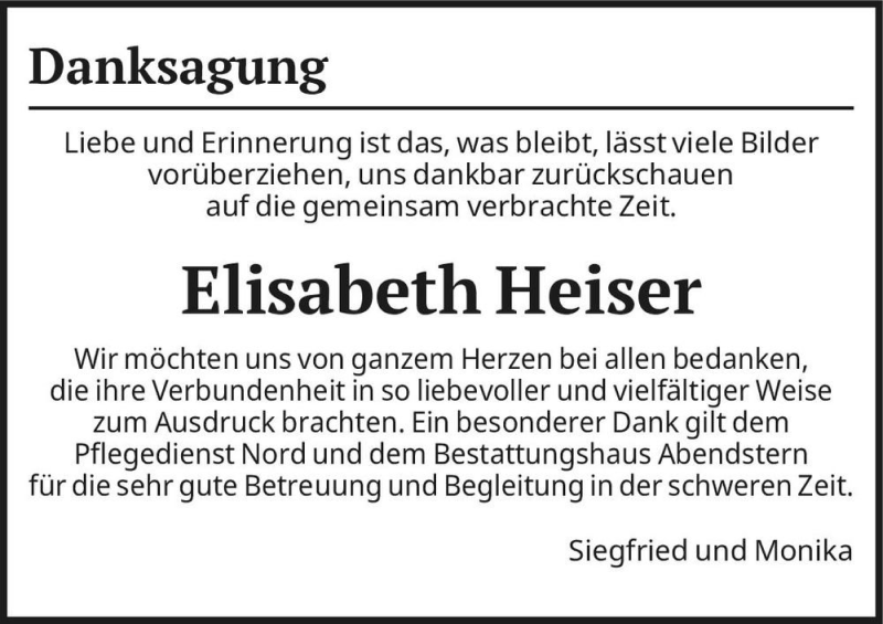  Traueranzeige für Elisabeth Heiser  vom 24.07.2021 aus Magdeburger Volksstimme