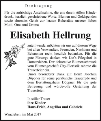 Traueranzeige von Elisabeth Hellrung  von Magdeburger Volksstimme