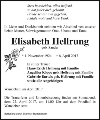 Traueranzeige von Elisabeth Hellrung (geb. Sander)  von Magdeburger Volksstimme