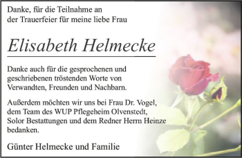 Traueranzeige von Elisabeth Helmecke  von Magdeburger Volksstimme