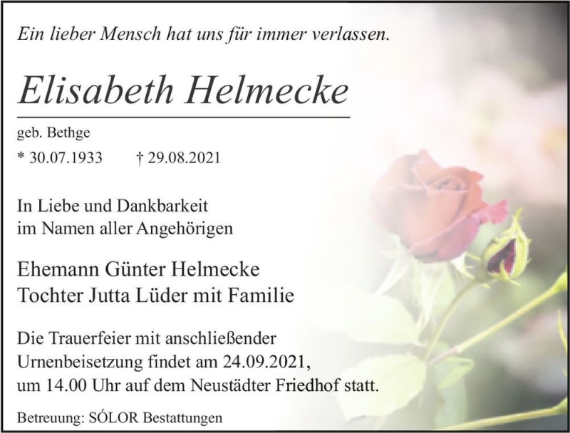  Traueranzeige für Elisabeth Helmecke (geb. Bethge)  vom 18.09.2021 aus Magdeburger Volksstimme