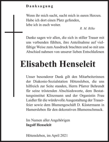 Traueranzeige von Elisabeth Henseleit  von Magdeburger Volksstimme