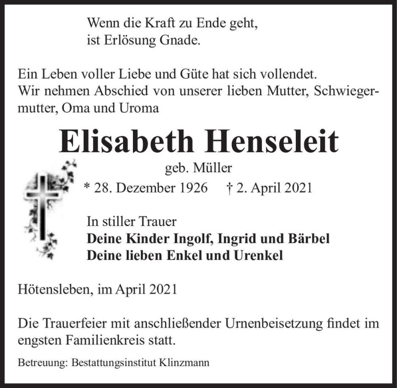  Traueranzeige für Elisabeth Henseleit (geb. Müller)  vom 10.04.2021 aus Magdeburger Volksstimme