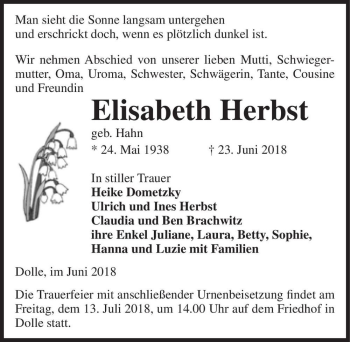 Traueranzeige von Elisabeth Herbst (geb. Hahn)  von Magdeburger Volksstimme