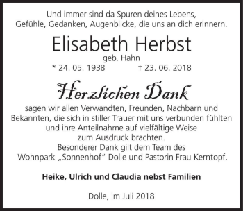 Traueranzeige von Elisabeth Herbst (geb. Hahn)  von Magdeburger Volksstimme