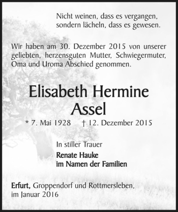 Traueranzeige von Elisabeth Hermine Assel  von Magdeburger Volksstimme