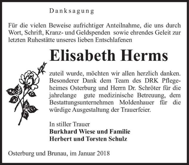  Traueranzeige für Elisabeth Herms  vom 20.01.2018 aus Magdeburger Volksstimme