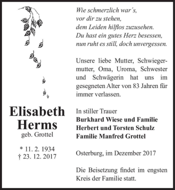 Traueranzeige von Elisabeth Herms (geb. Grottel)  von Magdeburger Volksstimme
