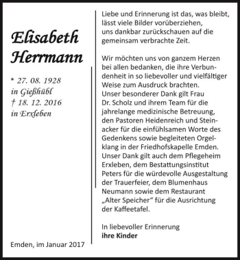 Traueranzeige von Elisabeth Herrmann  von Magdeburger Volksstimme