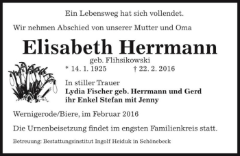 Traueranzeige von Elisabeth Herrmann (geb. Flihsikowski)  von Magdeburger Volksstimme