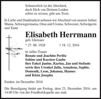 Traueranzeige von Elisabeth Herrmann (geb. Gleixner)  von Magdeburger Volksstimme