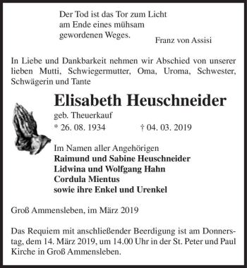 Traueranzeige von Elisabeth Heuschneider (geb. Theuerkauf)  von Magdeburger Volksstimme