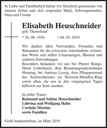 Traueranzeige von Elisabeth Heuschneider (geb. Theuerkauf)  von Magdeburger Volksstimme