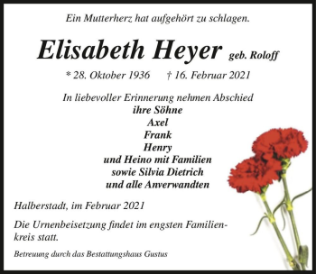 Traueranzeige von Elisabeth Heyer (geb. Roloff)  von Magdeburger Volksstimme