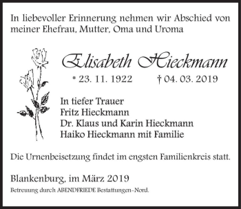 Traueranzeige von Elisabeth Hieckmann  von Magdeburger Volksstimme