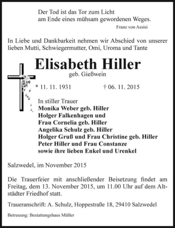 Traueranzeige von Elisabeth Hiller (geb. Gießwein)  von Magdeburger Volksstimme