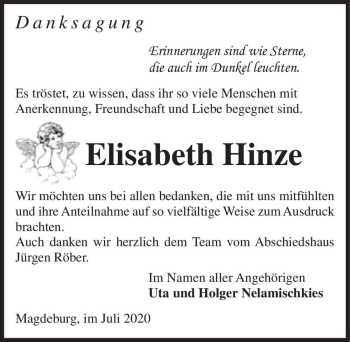 Traueranzeige von Elisabeth Hinze  von Magdeburger Volksstimme