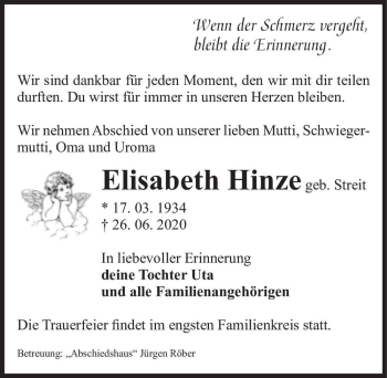 Traueranzeige von Elisabeth Hinze (geb. Streit)  von Magdeburger Volksstimme