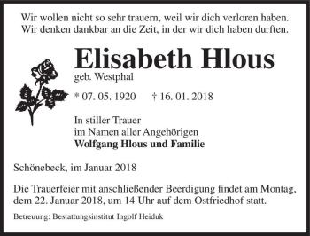 Traueranzeige von Elisabeth Hlous (geb. Westphal)  von Magdeburger Volksstimme