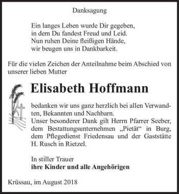 Traueranzeige von Elisabeth Hoffmann  von Magdeburger Volksstimme