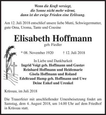 Traueranzeige von Elisabeth Hoffmann (geb. Fiedler)  von Magdeburger Volksstimme