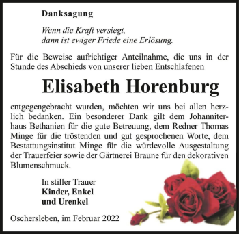 Traueranzeige von Elisabeth Horenburg  von Magdeburger Volksstimme
