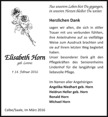 Traueranzeige von Elisabeth Horn (geb. Lorenz)  von Magdeburger Volksstimme