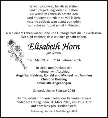 Traueranzeige von Elisabeth Horn (geb. Lorenz)  von Magdeburger Volksstimme
