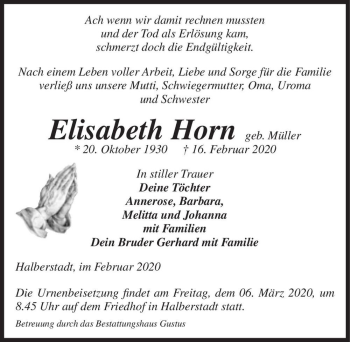 Traueranzeige von Elisabeth Horn (geb. Müller)  von Magdeburger Volksstimme