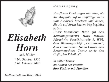 Traueranzeige von Elisabeth Horn (geb. Müller)  von Magdeburger Volksstimme