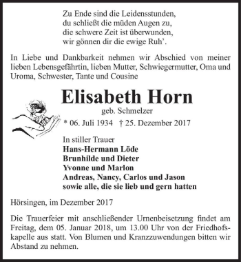 Traueranzeige von Elisabeth Horn (geb. Schmelzer)  von Magdeburger Volksstimme