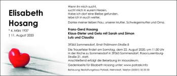 Traueranzeige von Elisabeth Hosang  von Magdeburger Volksstimme