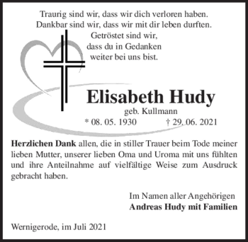 Traueranzeige von Elisabeth Hudy (geb. Kullmann)  von Magdeburger Volksstimme