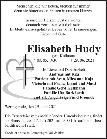 Traueranzeige von Elisabeth Hudy (geb. Kullmann)  von Magdeburger Volksstimme