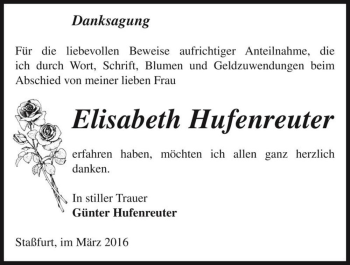 Traueranzeige von Elisabeth Hufenreuter  von Magdeburger Volksstimme