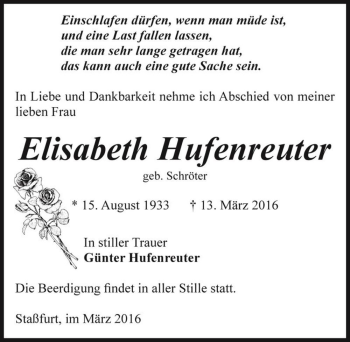 Traueranzeige von Elisabeth Hufenreuter (geb. Schröter)  von Magdeburger Volksstimme