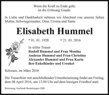 Traueranzeige von Elisabeth Hummel  von Magdeburger Volksstimme