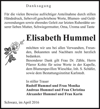 Traueranzeige von Elisabeth Hummel  von Magdeburger Volksstimme