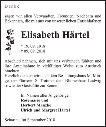 Traueranzeige von Elisabeth Härtel  von Magdeburger Volksstimme
