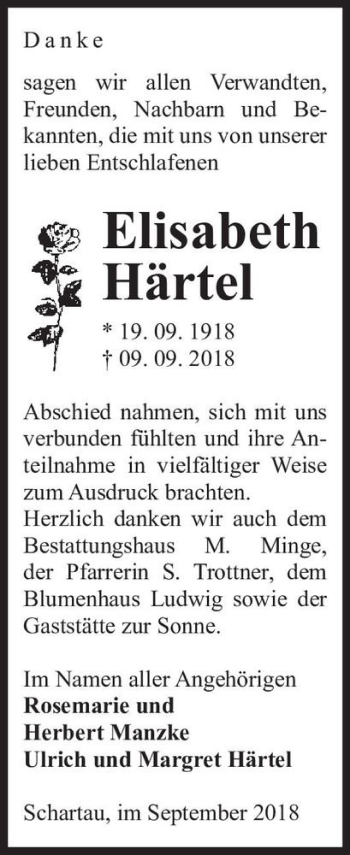 Traueranzeige von Elisabeth Härtel  von Magdeburger Volksstimme