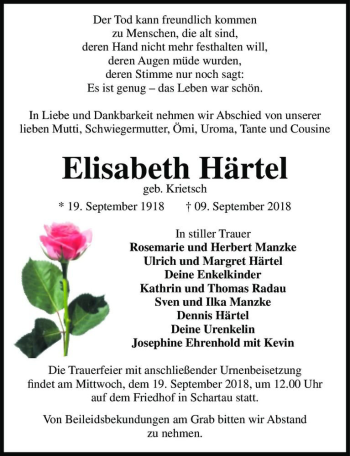 Traueranzeige von Elisabeth Härtel (geb. Krietsch)  von Magdeburger Volksstimme