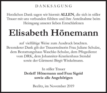Traueranzeige von Elisabeth Hönemann  von Magdeburger Volksstimme
