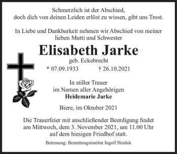 Traueranzeige von Elisabeth Jarke (geb. Eckebrecht)  von Magdeburger Volksstimme