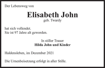 Traueranzeige von Elisabeth John (geb. Twardy)  von Magdeburger Volksstimme