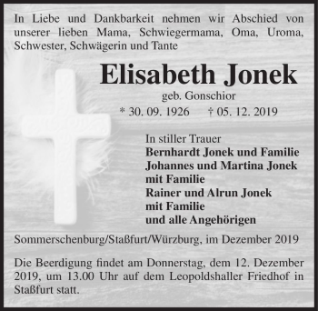 Traueranzeige von Elisabeth Jonek (geb. Gonschior)  von Magdeburger Volksstimme