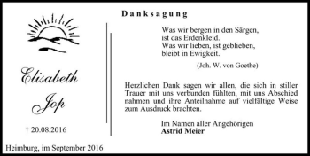 Traueranzeige von Elisabeth Jop  von Magdeburger Volksstimme