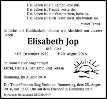 Traueranzeige von Elisabeth Jop (geb. Stika)  von Magdeburger Volksstimme