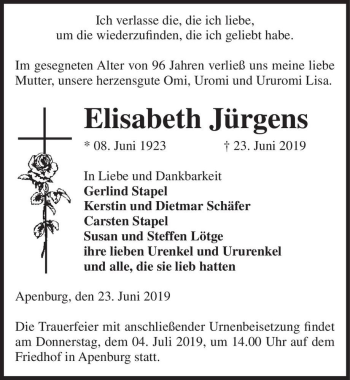 Traueranzeige von Elisabeth Jürgens  von Magdeburger Volksstimme