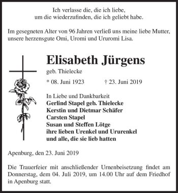 Traueranzeige von Elisabeth Jürgens (geb. Thielecke)  von Magdeburger Volksstimme